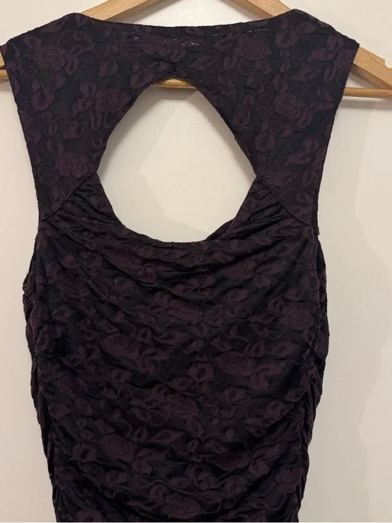 Free People Burgundy and Black Lace Mini Dress Ruched Sides Key Hole Back Med - Picture 8 of 12